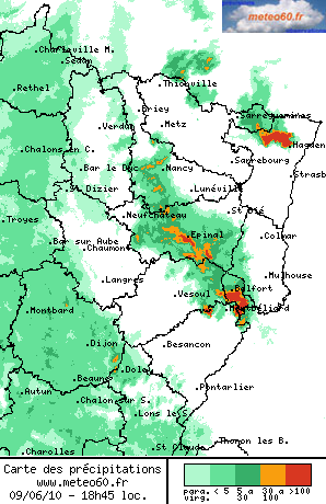 radar précipitations nord-est de la france le 9 juin 2010 à 18h45