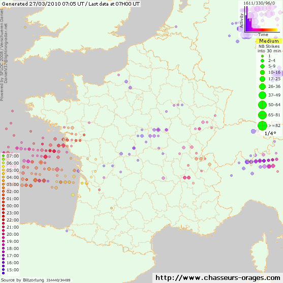 impacts de foudre détectés par le réseau Blitzortung entre le 26 à 15h30 et le 27 à 8h