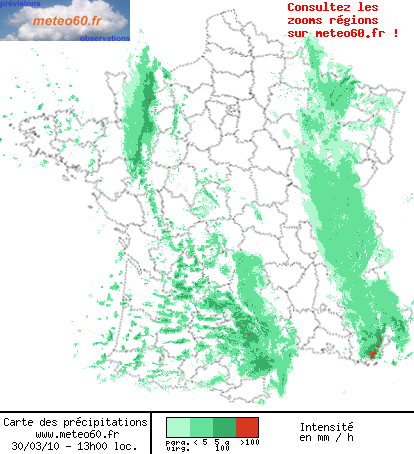 radar précipitations France le 30/03 à 13h